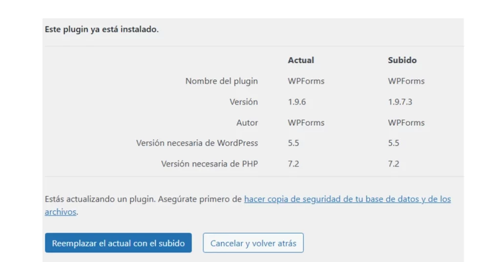 Actualización de plugin WPForms